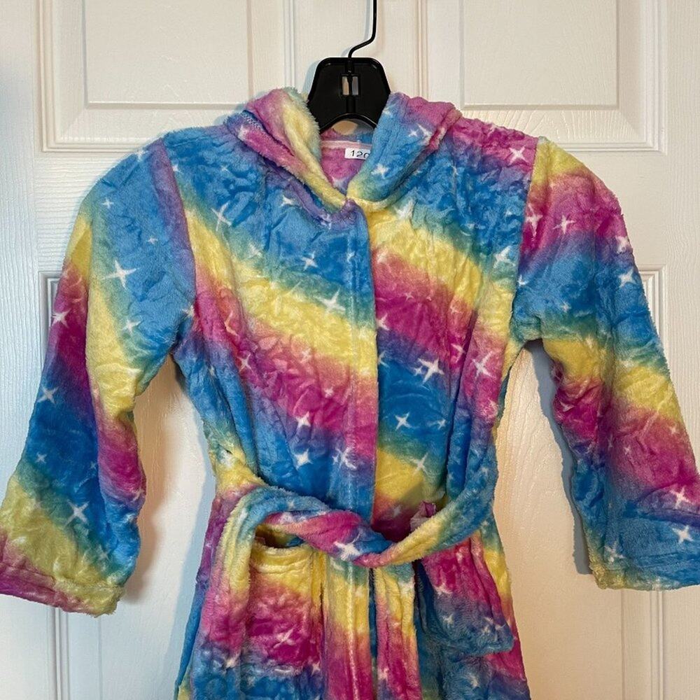 Kids Soft Bright Rainbow Unicorn Hooded Star Patten Bathrobe with Tie Robe